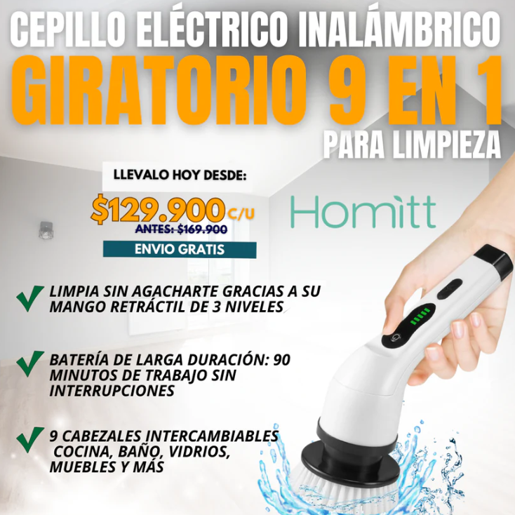 CEPILLO ELÉCTRICO INALÁMBRICO GIRATORIO 9 EN 1 PARA LIMPIEZA HOMITT®