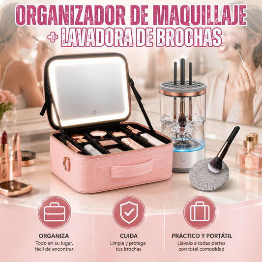 ORGANIZADOR DE MAQUILLAJE CON ESPEJO LED + LAVADORA DE BROCHAS